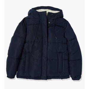 Ladies Amazon Essential Navy Puffy Jacket Medium With Hood Women’s Winter Coat